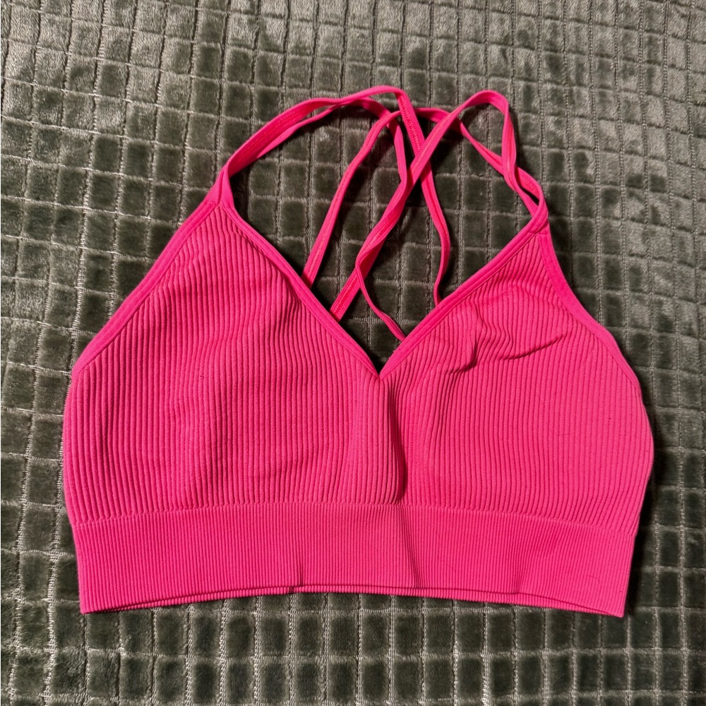 Aerie Pink Ribbed Wireless Bra with Crisscross Design